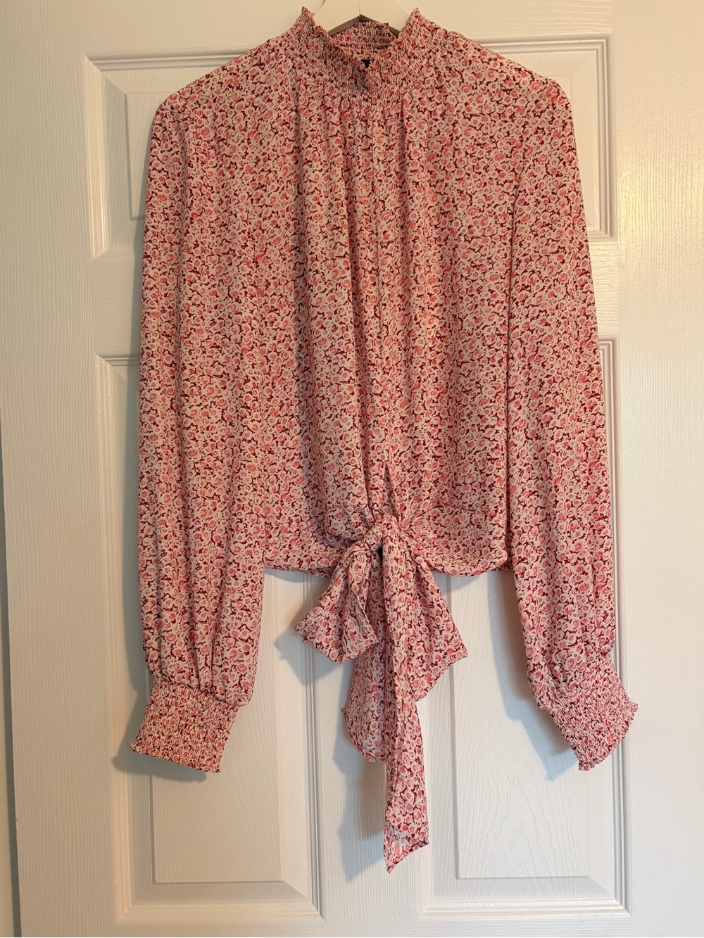 Floral Pink Tie-Front Smocked-Neck Blouse